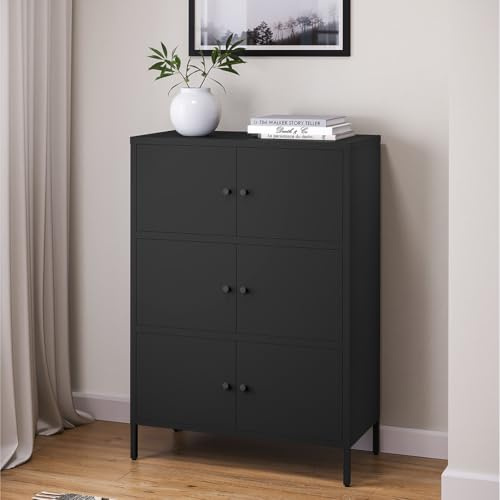 skølm Atriona Kommode 80 cm, mit 3 Fächern, Schwarz, Sideboard mit 6 Türen | Metallschrank, Kleiner Mehrzweckschrank breit, höhenverstellbare Füße, Aufbewahrungsschrank, Wohnzimmerschrank, Flurschrank