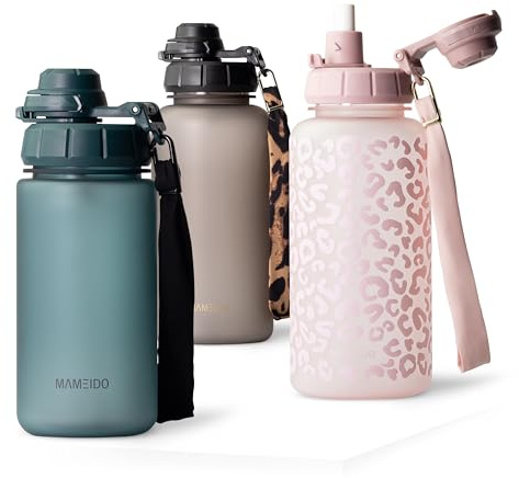 MAMEIDO Borraccia con Cannuccia 500 ml (Ocean Bloom) | a prova di perdite, senza BPA, tappo sportivo 2 in 1, motivazionale, cannuccia, laccetto, borraccia bambini per sport, scuola