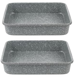 Salter Marblestone Square Cake Tin Set – Set of 2, 23cm Non-Stick Cake Baking Pan, Lightweight Carbon Steel, Easy Wipe Clean, High Side Roasting Tray, Oven Safe to 220°C, PFOA Free, Deep Brownie Tin