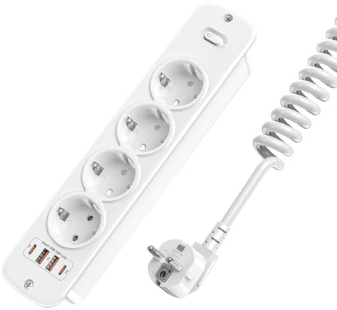 Einbau Steckdosenleiste mit USB C PD20W, versenkbare Einbausteckdose 4-Fach& 4 USB, Tischsteckdose mit 1,5m Spiralkabel, für Küche, Büro, Gaming-Tisch & höhenverstellbaren Schreibtisch,Weiß