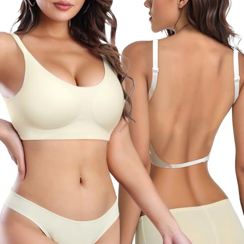 Sahunfri Women's Low Back Bra, Backless Non-Wired Seamless Invisible Bra, Multiway Convertible Strap, Removeable Padding Bra with Adjustable Straps (UK, Alpha, M, Regular, Regular, Beige)