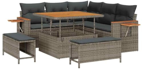 vidaXL 8-teiliges Garten-Sofa-Set mit Kissen in Grau aus Poly Rattan und Akazie. Bequem für 5 Personen – modernes Lounge-Set für Terrasse und Patio.