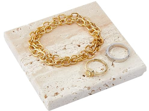 DICOSMETIC Tazón de joyería de mármol natural 10x10cm cuadrado de piedra tazón de joyería de mármol decorativo cuenco de piedra pequeña para anillos, pendientes, collares, cadenas, beige