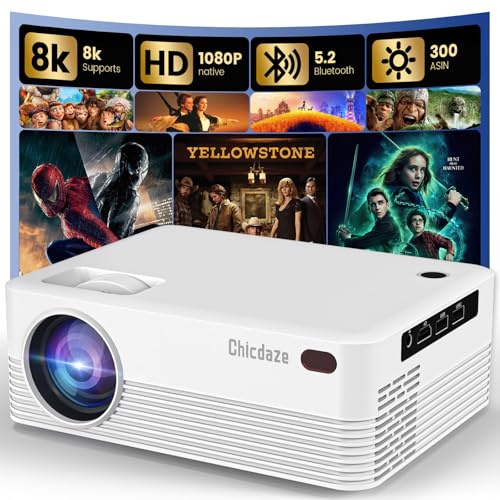 Chicdaze Mini Projector, portable Projector, 1080P Bluetooth Projector with Screen, Movie Proyector Compatible with iOS/Android/Windows/TV Stick/Box/USB/HDMI, White
