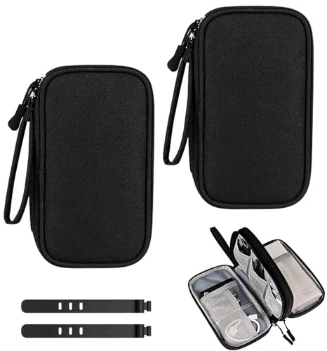 ZexJpr Kabeltasche, 4 Stück kabeltasche Organizer mit 2 Silikon-Bändern, Tasche für Ladekabel, Reise Zubehör für Ladekabel, Mobile Festplatten, Speicherkarten und Reisezubehör(Schwarz)