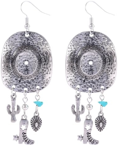 Boucles d'Oreilles Pendantes Cowgirl Western, Argent Chapeau Cowboy avec Bottes Cactus Pendentif Turquoise Style Bohème Vintage Bijoux Rodéo pour Femme Tenue Concert d'Été