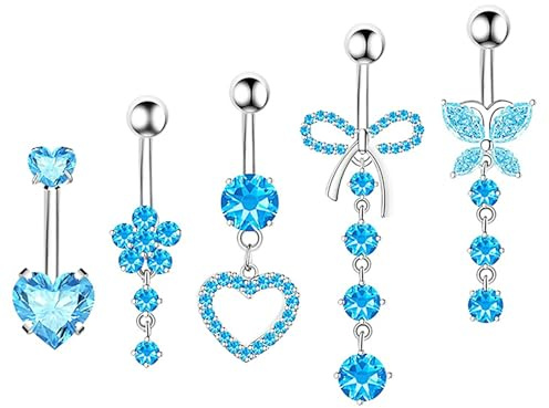 OYIWINMI 5 Piezas Piercing Ombligo Acero Quirurgico,Piercing Ombligo Para Mujeres Fabricado En Acero Inoxidable y Circonit(Plata Oro Azul) (Blau)