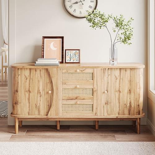 SUKY Aparador Salon con Puertas Correderas, Comoda Dormitorio Ajustables y Encimera Redondeada, Vitrina Salon de Ratán para Salón, Cocina, Dormitorio