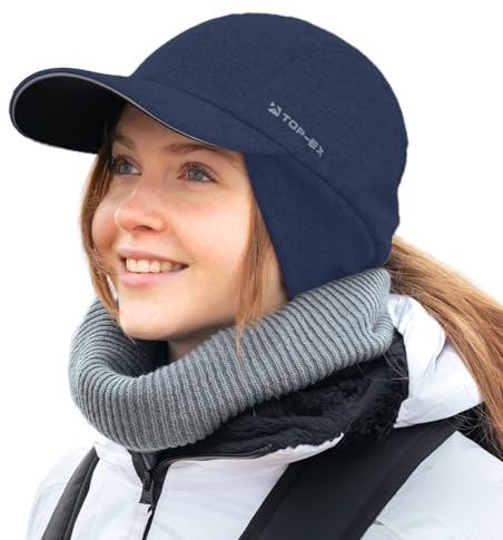 TOP-EX ChicPony™ M/L/XL Water-Repellent Winter Baseball Cap with Ear Flaps for Women Running Beanie Hat with Ponytail Hole Reflective Thermal Fleece Peak Hat Sport Walking Gifts Blue L/XL