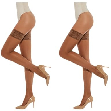 MYCHICLEGS 20 DEN genomskinliga håll-up-strumpor med spets, sexiga damunderkläder - Antilop 2-pack - M-L
