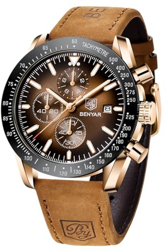 BY BENYAR Watch for Men Analog Quartz Chronograph Waterproof Luminous Designer Mens Wrist Watches Business Work Sport Casual Dress Watch with Silicone Strap Elegant Gifts for Men, Brown Gold Brown