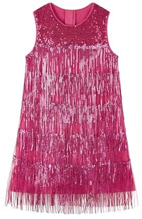 Miipat Girls Sequin Fringe Dress Layered Sparkly Tassel Sleeveless Vintage 20s Flapper Dress Little Kids Dance Party Pageant Birthday Dresses(Rosered, 5-6 Years)