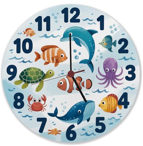 Meerestiere Aquarellstil Kinder Wanduhr Lustige Dekouhr für Kinderzimmer