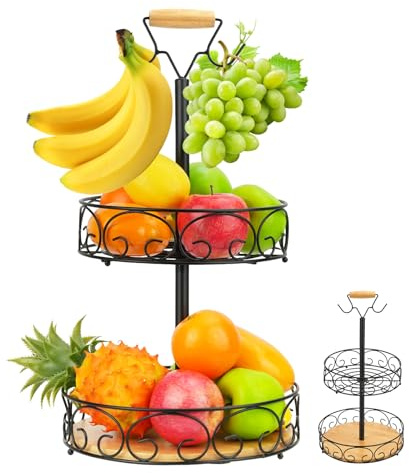 SHAIDOJIO Ciotola per frutta a 2 livelli con gancio per banane, cesto per frutta rimovibile in metallo, facile da installare, per mantenere fresca frutta e verdura per tavolo da pranzo in cucina