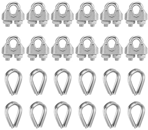 sourcing map Juego de 12 abrazaderas de clip de cable de cuerda de alambre de 1/8 pulgadas M3 pequeñas de acero inoxidable 304 con perno en U, accesorios con dedal para aparejos seguros, tendedero