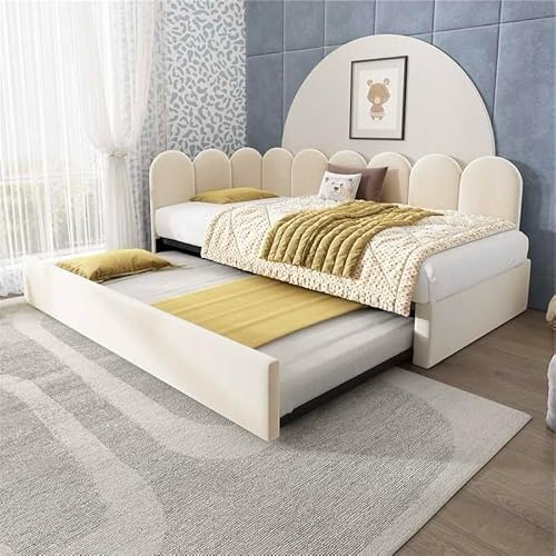 BTM Daybed with Pull-Out Bed, 3FT-90x190cm Single Bed with Slatted Frame, Velvet Beige (No Mattress)