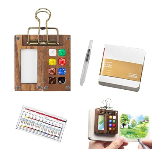 Neksong Tobio's Watercolor Kit Pocket Wooden Watercolor Paint Set with 8 Grids Palettes Watercolour Watercolor Pen Sketchbook for Artists (1 Set)