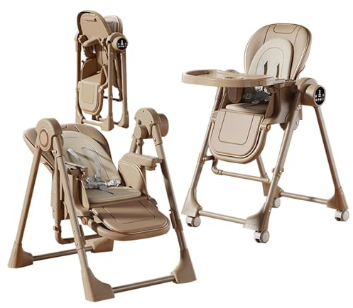 MoLi Elettrico Bluetooth Intelligente Pelle PU Seggiolone, Seggiolino Pappa Sedia con Funzione di Dondolo, Seggiolone Pappa Vassoio a Doppio Strato (E8121 Khaki)