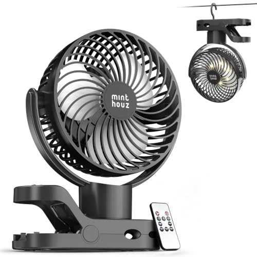 Minthouz Ventilatore da tavolo con clip, 8000 mAh, USB da 15,2 cm, 4 livelli di vento, max 38 ore di autonomia, illuminazione, timer, rotazione a 360°, ventilatore portatile per ufficio, passeggino