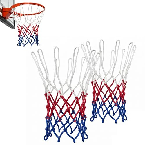 2 Stück Basketballnetz,Basketball Netz für Basketballkorb Ersatz,12 Schlaufen 3 Farbig Nylon Basketballnetz zum Standard Größe Die Innen und Outdoor Basketball Korb Zubehör