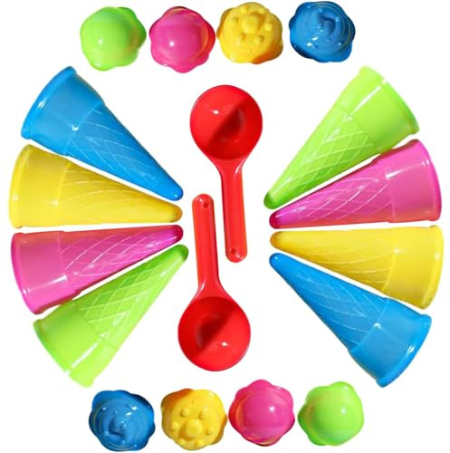 YZDYSHJ Juguetes de Playa con Conos de Helado y Tapas, 2 Sets de 18 Piezas, 8 Conos, 8 Tapas y 2 cucharas, Juego para Arena, jardín e Interiores, Colores aleatorios, Ideal para Fiestas Infantiles.
