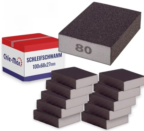 Chle-Mar - 10x Slipsvamp korn 80 | Slipkloss för trä, metall och plast | Slippappersset för handslipning | Rektangulär slipsvamp för plana ytor och kanter
