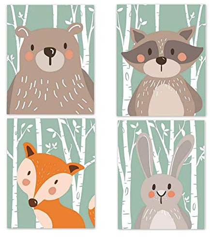 Trayosin 4er Set Kinderzimmer Babyzimmer Poster Bilder DIN A4 | Mädchen Junge Deko | Dekoration Kinderzimmer | Waldtiere Safari Skandinavisch （Bär,Kaninchen,Fuchs） (Grüner Boden)