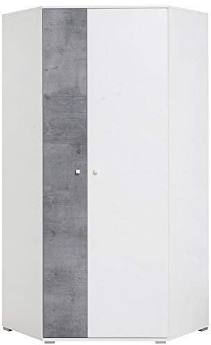 Furniture24 Eckkleiderschrank Sigma SI - 2 Eckschrank mit Einlegeböden und 2 Kleiderstangenm Schrank, Drehtürenschrank, 2 Türiger Jugendzimmerschrank (Weiß Lux/Beton)