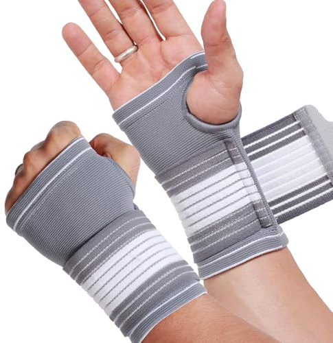 NEOtech Care - Supporto per palmo della mano - fessura per pollice - fascia di compressione regolabile - tessuto elastico e traspirante - per sport, bowling, boxe (Grigio, M, 1 Paio)