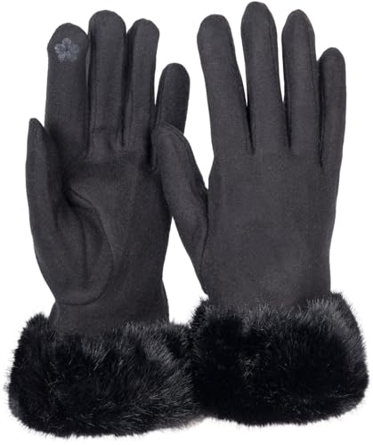 styleBREAKER Damen Unifarbene Touchscreen Stoff Handschuhe mit Kunstfell Besatz am Bund, warme Fingerhandschuhe Winter 09010028, Farbe:Schwarz