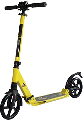 Bee Free XLT Adjustable Handlebar Kick Scooter for Adults and Teens, Yellow, Foldable, Anti-Shock Suspension, Rear Foot Brake, 12+