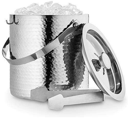 Hammered Ice Bucket - Ice Bucket with Tongs - Insulated Ice Bucket with Lid - Double Wall Ice Bucket 3 Quarts - By Colleta Home