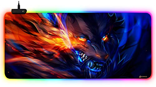 DORRISO Neu Gaming Mauspad Großes RGB 900x400x3 mm XXL LED Schreibtischunterlage Wasserdicht Anti Rutsch Mauspad Matte für Computer PC Professionelle Gamer Mousepad Flammen Wolf