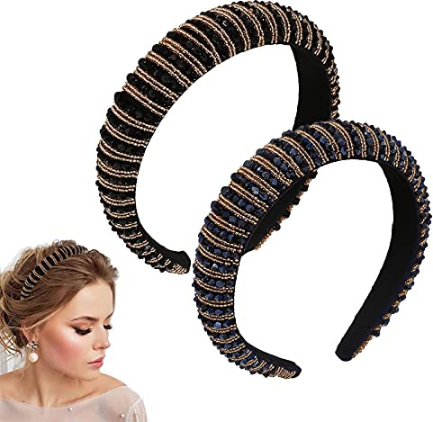 2 Stück Kristall-Strass-Stirnbänder, Perlen, breite Haarbänder, Imitation Diamant verziert, Haarreifen, Party, Hochzeit, Kopfschmuck, Glitzer, dick gepolstert, Haar-Accessoires für Frauen und Mädchen