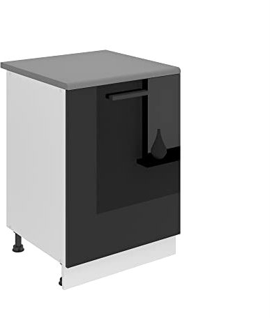 Belini Unterschrank Küche, Küchenunterschrank 60 cm Breite. SD Küchenunterschrank mit Arbeitsplatte. Küchenschrank mit 1 Tür, Schwarz Hochglanz