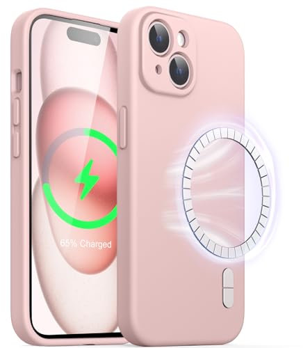 JETech Magnetisch Silikon Hülle für iPhone 15 6,1 Zoll, Kompatibel mit MagSafe, Handyhülle mit Voll Kamera Schutz (Rosa)