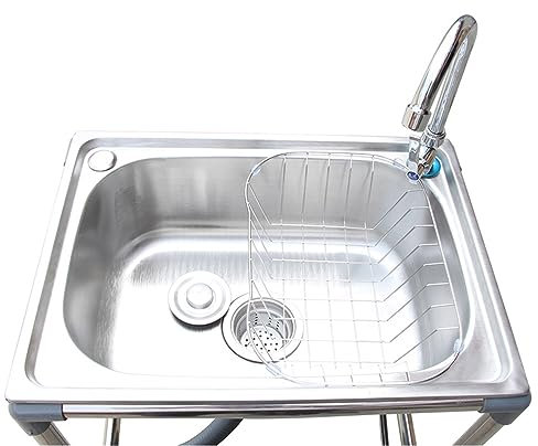 HCZION Waschbecken Mobile Spülbecken Außen Handwaschbecken 1 Becken Küchenspüle Quadratische Spüle Edelstahlspüle Mit Drainage-Komponenten (Color : Cold+Hot, Size : 60x45cm/23.6x17.7in)