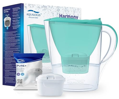 Aqualogis Harmony Carafe filtrante pour réfrigérateur 2,6 l pour réduction des microplastiques, du calcaire, du chlore, du goût et des odeurs, sans BPA, (modèle de filtre de rechange : Pure+) (vert