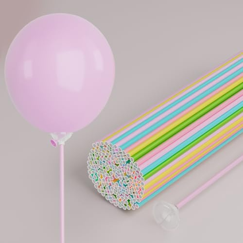 YALLOVE 100 Pack Paper Balloon Sticks with Cups, 40cm Assorted Colours Balloon Holder Reusable for Birthday, Baby Shower, Wedding, Holidays, Anniversary Party Decor