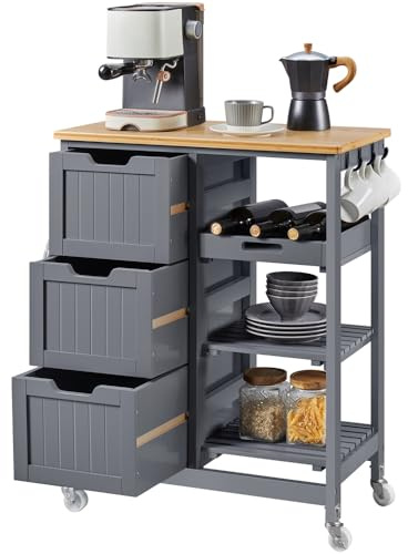 Yaheetech Carrello Cucina con Ruote 3 Cassetti 3 Ripiani in Legno Salvaspazio Porta Microonde Spezie 67cm x 37cm x 84,5 cm Grigio Scuro