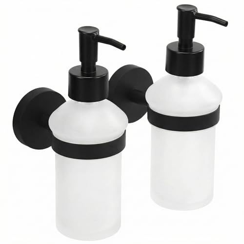 QWORK® Seifenspender Zur Wandmontage, Duschseifenspender, Satiniertes Glas und Edelstahl 304, Geeignet für Duschgel, Handseife,Schwarz