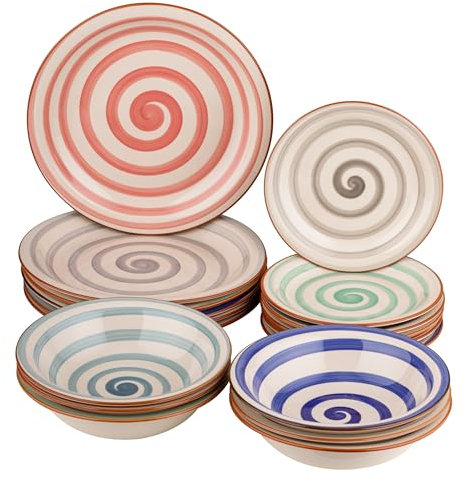 Baroni Home Servito di Piatti da 18 pezzi in Ceramica, Servizio da Tavola Decorato per 6 Persone, Piatto Fondo, Piano, da Frutta o Dolce, Stile Spirale