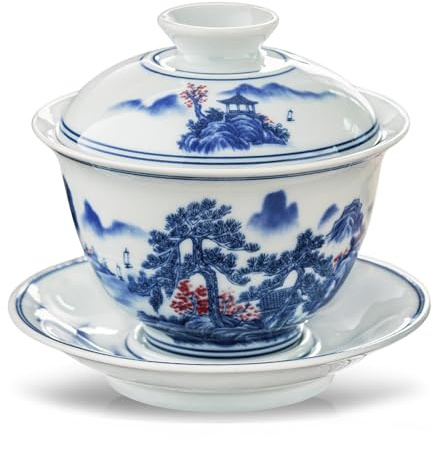 fanquare Blau und weiß Gaiwan Grüne Kiefern Porzellan Chinesisch Traditionelle Gaiwan Sancai Teeschale mit Deckel Vintage Tee Tasse Untertasse Deckel Set für Haus Büro