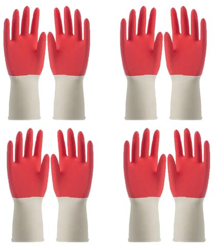 LUNCHS Putzhandschuhe 4 Paare Haushaltshandschuhe Geeignet für Lebensmittelfabriken Gummihandschuhe Zweifarbiges Design In Rot Und Weiß(L)