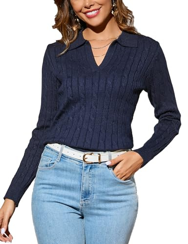 Dosieyeo Damen Strickpullover Elegant Langarm Pullover mit Zopfmuster V Ausschnitt Pulli Polokragen Weich Stretch Sweatshirt Navyblau,XL