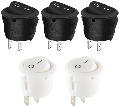 PEXIVOZ 5 Stücke Druckschalter rund,Runde Schalter 10A/125V 6A/250V,2-Polig Schalter Wippschalter,Mini 2 Polig Wippschalter für Einbau Wohnmobil Switch für Auto RV Truck Jeep Off Road Boat Marine