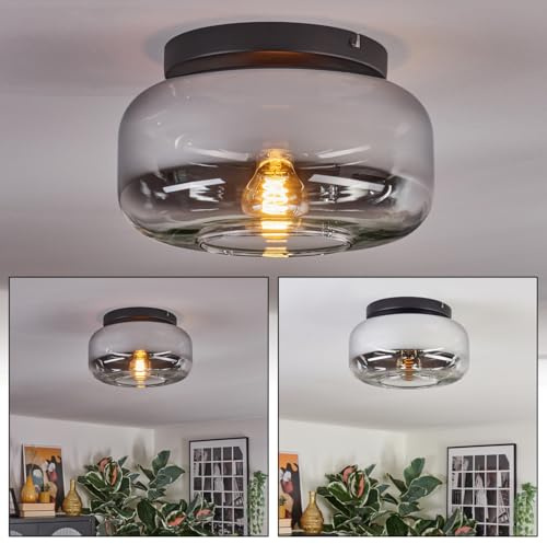 HOFSTEIN Deckenleuchte Boza, 1-flammige Deckenlampe aus Metall/Glas in Schwarz/Chrom-/Rauchfarben/Klar, Leuchte im Retro/Vintage-Design (Schirm Ø 28 cm), E27, Esszimmer, Wohnzimmer, Küche, Flur