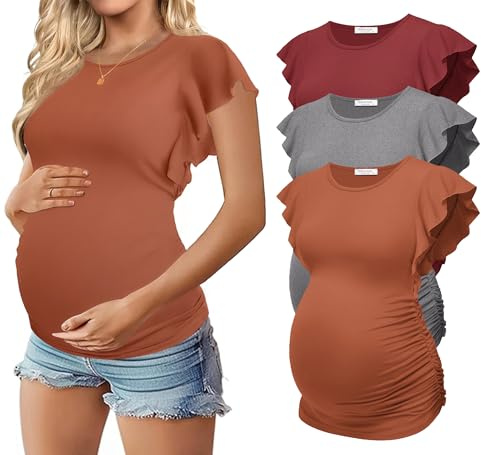 Ekouaer Womens Maternity Shirts 3 Packs Side Ruched Pregnancy Tee Top Flying Short Sleeve Tunic Blouse Mama Clothes Caramel/Grey/Wine Red S