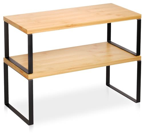 Danfoxer Schrank-Organizer, Regal, 2er-Set, Küchenregale, Bambus-Gewürzregal, stapelbar, erweiterbar, Gewürzregal für Arbeitsplatte und Schrank, Küchen-Organizer und Aufbewahrungsregal, groß