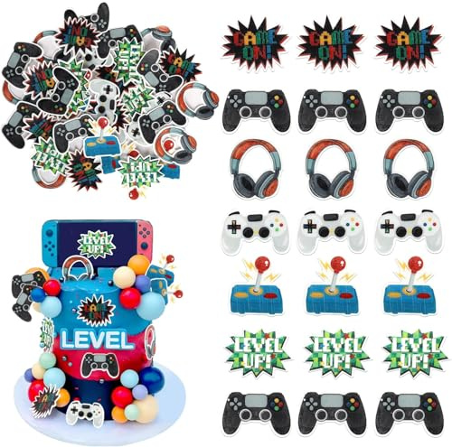 60 Stück Essbare Videospiel Cupcake Toppers Waffelpapier Gaming Tortendeko Videospiel Geburtstag Kuchen Deko für Baby Dusche Jungen Geburtstag Party Kuchen Dekoration